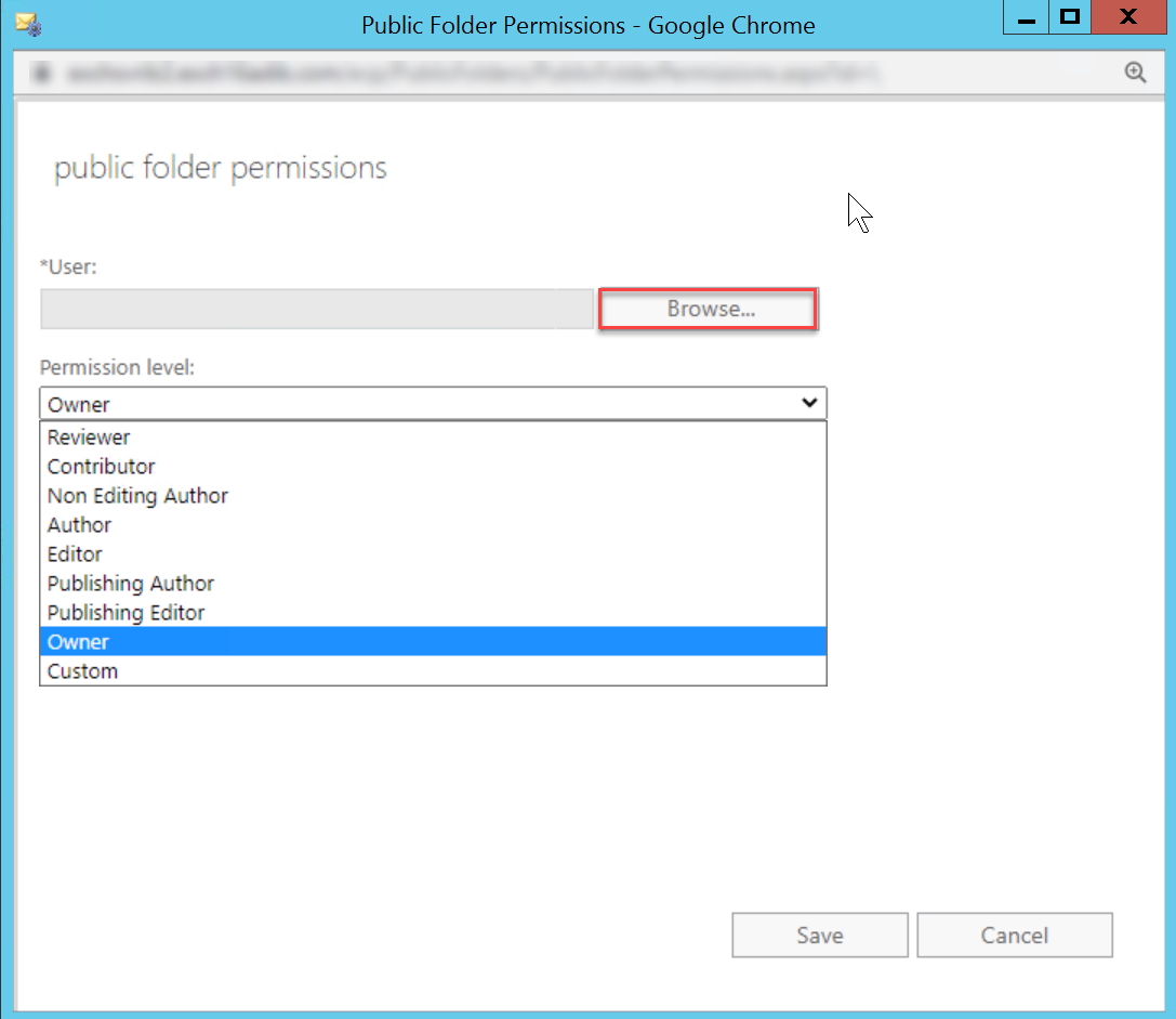 In the window, click on the drop down next to permission level and select owner. Then click on Browse